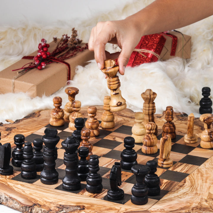 Handcrafted Olive Wood Chess Set with Natural Edges